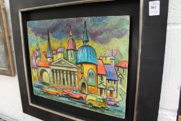 A continental colourful landscape with cars and buildings, oil on board.