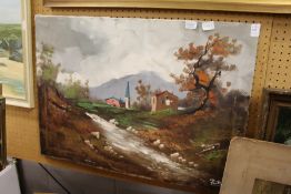 Continental River Landscape with Mountains Beyond oil on canvas.