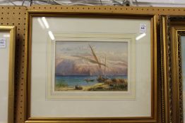 An Alpine scene with figures in a boat watercolour.