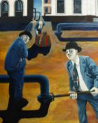 Martin Vernon, a surreal composition with suited figures standing by a pipeline, large oil on canvas
