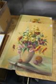 Roger Collin, a still life of flowers in a vase, oil on hardboard, a pair, unframed