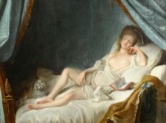 Manner of Boucher. A Reclining Semi Clothed Female in a Boudoir, Oil on Canvas. 21