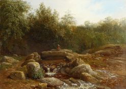 19th century English school. A rocky river landscape, with a young girl on a stone bridge, oil on