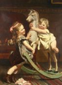 Edgard Farasyn (1850 - 1938) Belgium, a scene of two young children playing on a rocking horse, oil