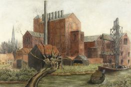 Mary Woodall (1901-1988) British. 'A Norwich Paper Mill', Building on the Riverside with a Cathedral