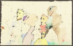 20th century American school, 'Flowery Assembly', a surreal study of six figures, watercolour,
