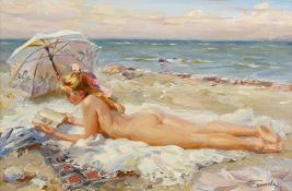 Tatyana Yenikeyeva (b.1968) Russian, 'Sunbathing', signed oil on canvas, 8.5