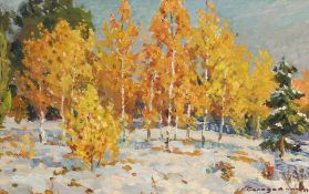 Alexei Solodovnikov (b.1928) Russian, 'Autumn Snow', signed oil on board, 10.5