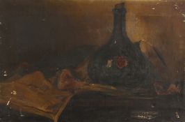 19th Century School. A Still Life Study of a Bottle on a Tabletop, Oil on Canvas, Indistinctly