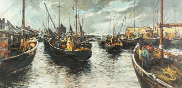 Matt Bruce (1915-2000), 'Fleet Returns, Lossiemouth', Oil on Board, signed, bears labels verso 28