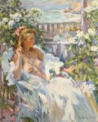 Viktor Yefimenko (b.1952) Russian, 'On The Veranda', signed oil on canvas, 32