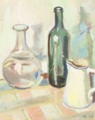 Mid-20th century school, a still life painting of a jug and vessels, oil on card, indistinctly