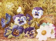 19th century English school, a still life of flowers with a butterfly and a bird's nest with blue