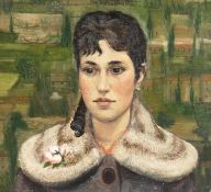 George Wallace Jardine (1920-2002) British, Head study of a lady in a Fur shawl with gardens beyond,