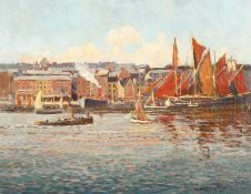 Donald Henry Floyd (1892-1965) British. Shipping in a Port with a Town beyond, Oil on Panel,