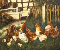20th century, a scene of chickens and chicks in a farmyard setting, oil on panel, indistinctly