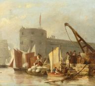 Attributed to William Anderson (1757-1837). Scottish figures unloading a barge, canvas laid down