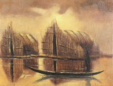 South East Asian school? Figures in a boat by traditional homes, oil on canvas, indistinctly signed,