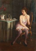 Emil Pap (1884-1949) Hungarian, a scantily clad lady at her dressing table, oil on canvas, signed