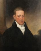 19th century, half-length portrait of a gentleman outside a country house, oil on canvas 30