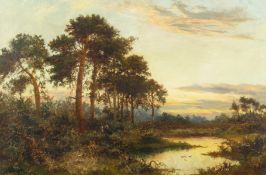 Daniel Sherrin (1868-1940) British. A river landscape at dusk, with figures in the undergrowth,