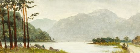 Manner of Sydney Richard Percy. A Loch Scene with Fishermen and Figures on a Path, Oil on Panel,