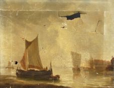 19th Century Dutch School. Barges in an Estuary with a Town beyond, Oil on Canvas. Unframed, 14.5