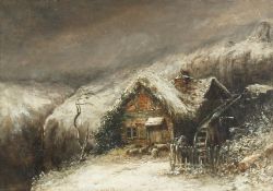 William Thomas Such (1820-1893) British. A winter scene, with sheep by a thatched cottage, oil on