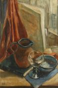 Betty Myer, A still life of a glass jug and a bowl on the table, oil on canvas, signed with a