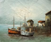 W. Jones, British, a harbour scene with fishing boats, oil on canvas, signed, 17