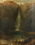 19th Century School. A Heron Perched on a Rock with Trees and a Waterfall in the Distance, Oil on