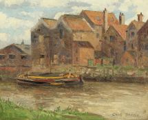 Clive Browne (1901-1991) British. Barge on a Canal at Gainsborough, Lincs, Oil on Panel, Signed.
