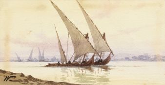 19th century, a scene of Dhows crossing a waterway, watercolour, signed with monogram, 4