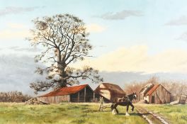 Michael Wood (20th century), a farmer with a horse and plough amongst farm buildings, oil on canvas,