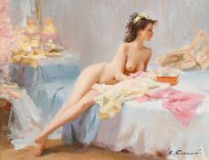 Vladimir Belsky (b.1949) Russian, 'Nude On The Bed', signed oil on canvas, 10.5