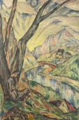 Continental school, (20th century) scene of a figure playing a pipe by a river in an Expressionist