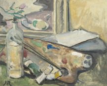 James Riddle, the artist's studio, oil on panel, signed with initials, 13