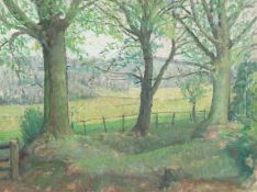 Hubert Wellington (1879-1967) British. 'A Country Landscape through Trees with Hills beyond', Oil on
