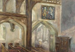 E. C. Jupe (20th century) British. 'Thursley Church Interior', oil on canvas, signed, 18