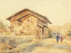 Kinichiro Ishikawa (1871-1945) Japanese. Figures Walking by a House, Watercolour, Signed. 10.5