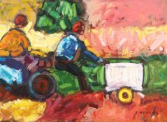 Tendai Nahvira (b.1974) Zimbabwe/South Africa, a scene of figures on vehicles in a colonial