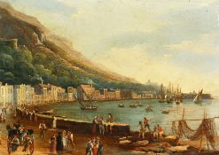 19th century Italian school. A scene of a busy port with figures on the quayside, oil and paper laid