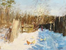 Marnia Davidova, Russian, 'Chickens In The Snow', signed oil on board, 9.5