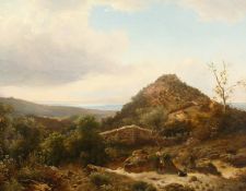 James Peel (1811-1906) British, wayfarers resting on a county road with a coastline view beyond, oil