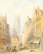 William Callow (1812-1908) British. 'Staen Street Bruges 1899', a Busy Continental Street Scene,