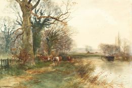 Henry Charles Fox (1955/60-1929) british, a river landscape, with cattle on the banks of the