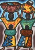 South African school, a pair of paintings of women carrying baskets on their heads, mixed media,