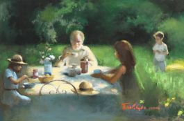 Tom Quinn (1918-2015), Lunch in the garden, oil on board, signed, 16