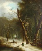 19th century English school. A snow-covered wooden landscape, with figures collecting wood in the