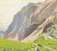 Robert Morson Hughes (20th century) British, a mountain scene with a meadow in the foreground,